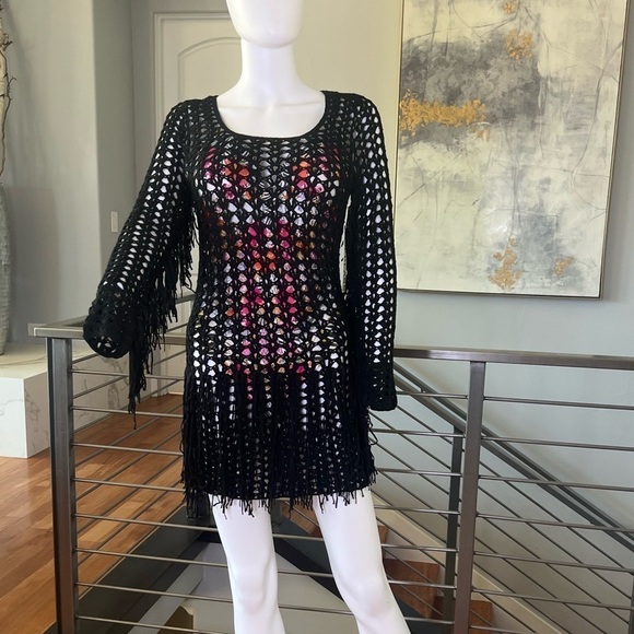 Long Sleeve Crochet Cover Up with Fringe - Black - Picture 1 of 16